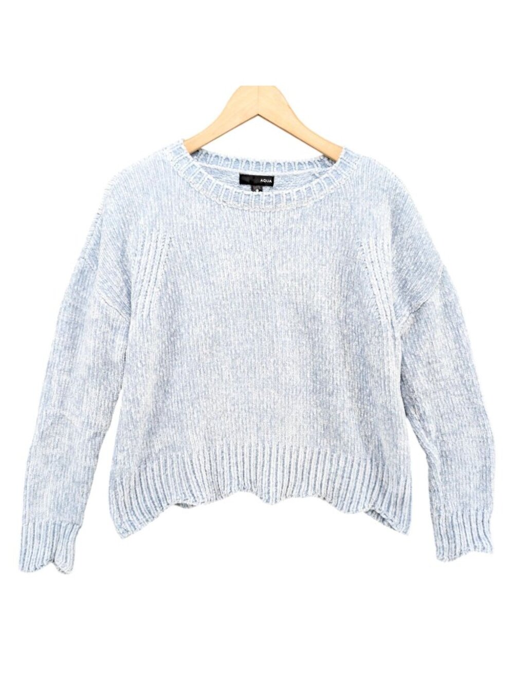 Aqua Chunky Knit Sweater Womens Light Blue Scalloped Hem Crewneck Pullover Sz S